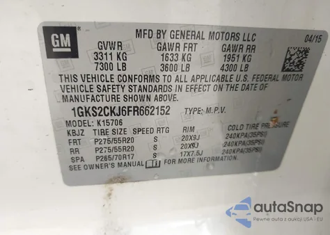 2015 GMC Yukon Denali z USA, uszkodzony, nr VIN 1GKS2CKJ6FR662152